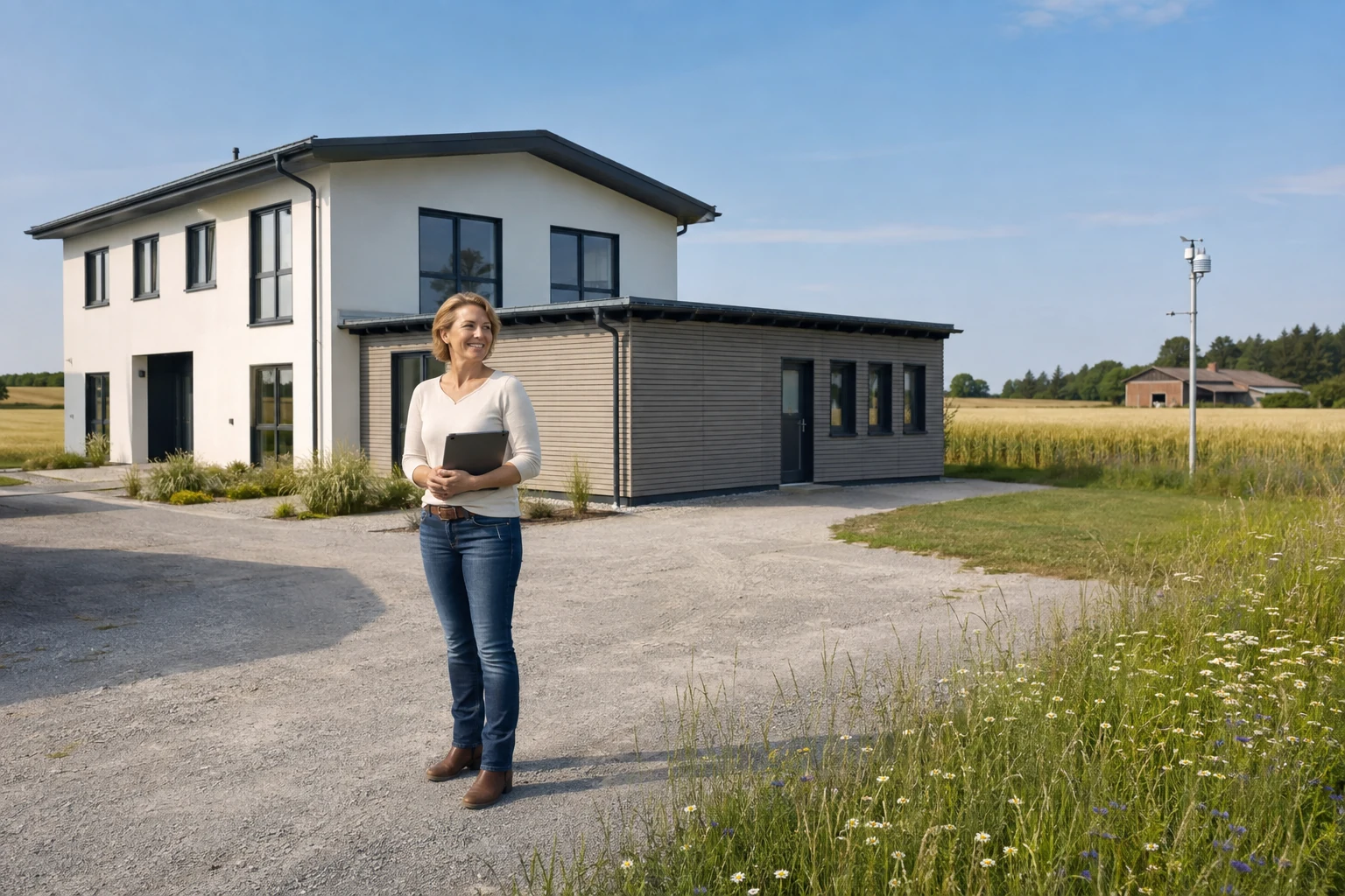 Unternehmerin vor einem Agrarsoftware-Standort mit Blick auf landwirtschaftliche Flächen